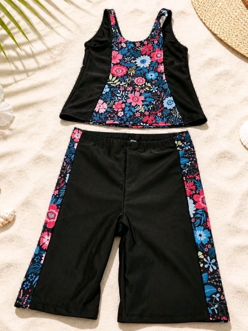 Womens Black Floral Panel Swim Set - Tank Top & Swim Shorts